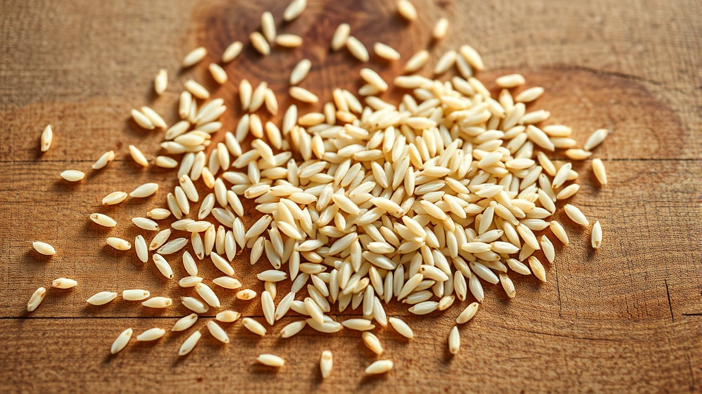 Overhead shot of raw wild rice grains scattered on natural wood surface with soft morning light, organic food styling, shallow depth of field highlighting texture