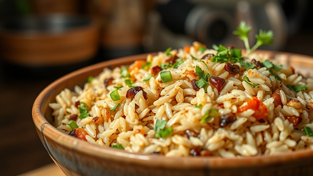 Close-up of cooked wild rice in modern ceramic bowl with fresh herbs and vegetables, steam rising, warm kitchen lighting, food photography style