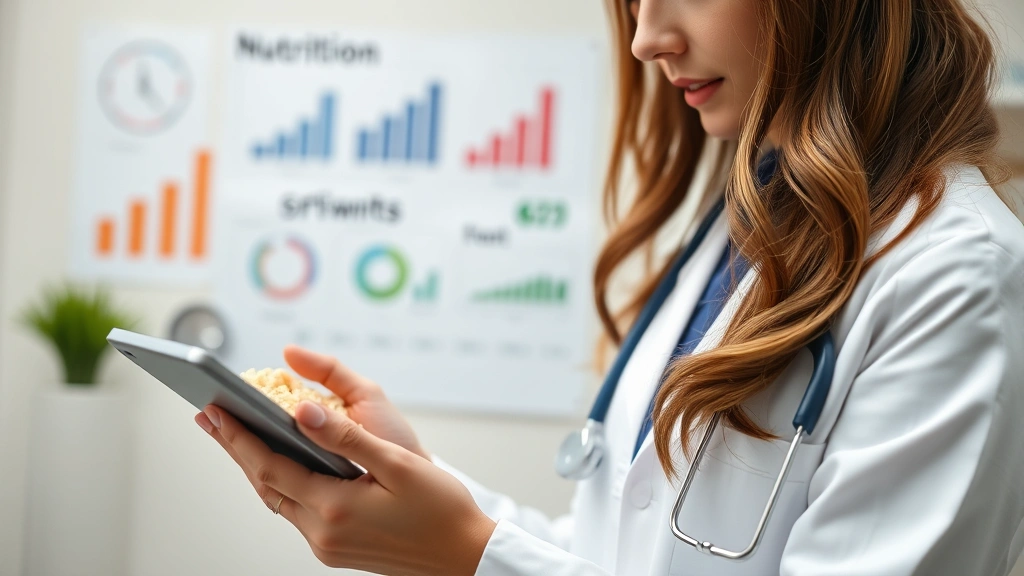 Nutritionist reviewing wild rice nutritional data on tablet in clinical setting, charts and wellness icons blurred in background, professional healthcare environment