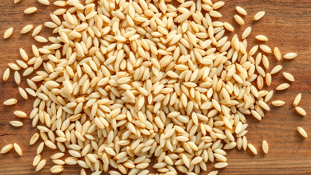 Close-up overhead shot of uncooked wild rice grains scattered on a natural wooden surface with soft morning light, photorealistic, high detail, no text