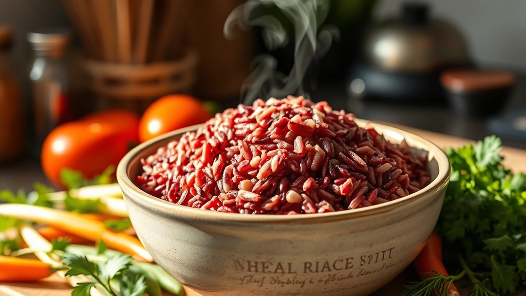 Vibrant cooked wild rice in a ceramic bowl with steam rising, surrounded by fresh vegetables and herbs on a kitchen counter, warm natural lighting, no text