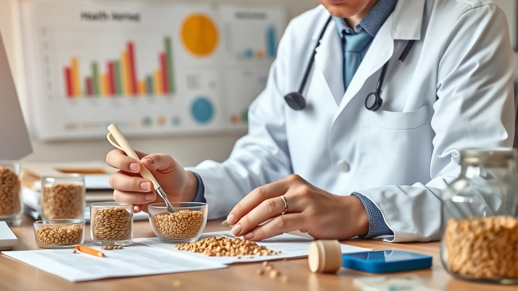 Nutritionist analyzing grain samples at a desk with charts and health data visible in background, professional setting, photorealistic, no text visible on documents