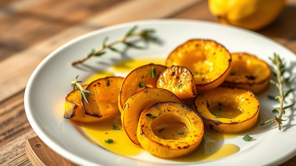 Beautifully plated roasted yellow squash with olive oil drizzle on white ceramic dish, garnished with fresh herbs, professional food photography style with warm natural lighting
