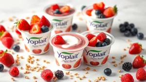 Professional food photography of colorful Yoplait yogurt cups with fresh berries and granola scattered around, soft natural lighting on white marble surface, no text or labels visible, vibrant fruit colors contrasting with creamy white yogurt, shallow depth of field