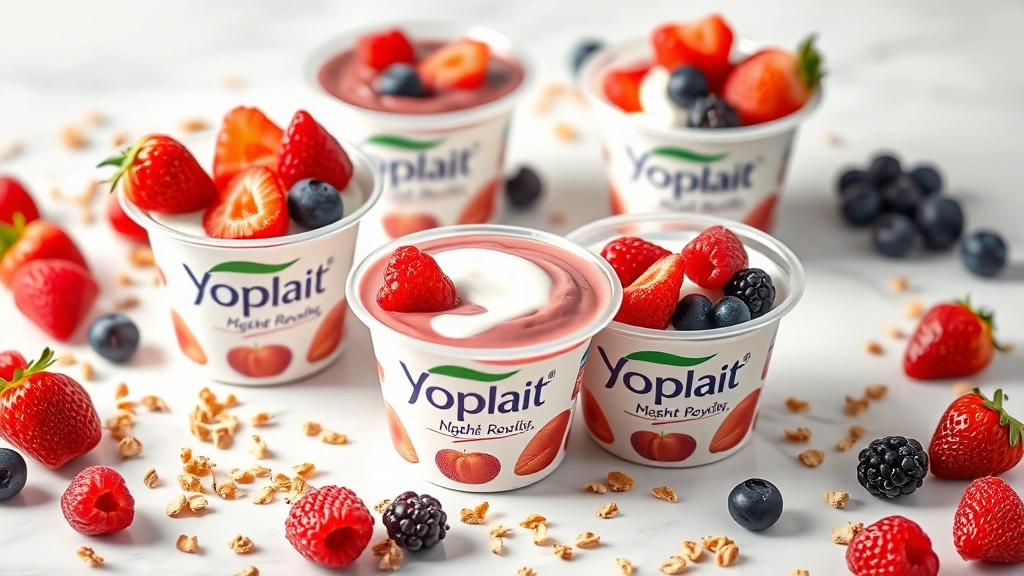 Professional food photography of colorful Yoplait yogurt cups with fresh berries and granola scattered around, soft natural lighting on white marble surface, no text or labels visible, vibrant fruit colors contrasting with creamy white yogurt, shallow depth of field