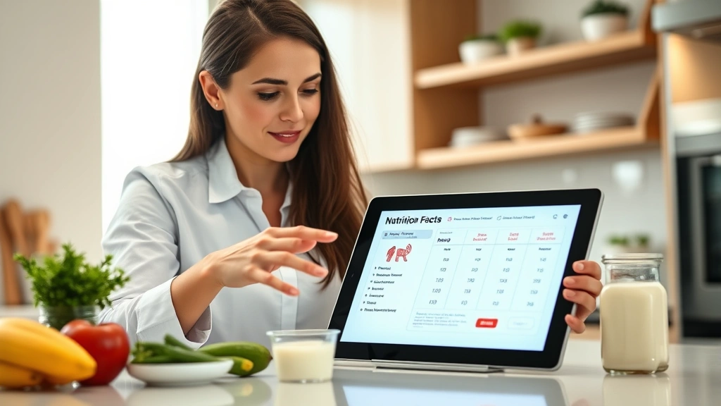 Nutritionist analyzing yogurt nutrition facts on tablet in modern kitchen, focused on digital screen showing comparative nutritional data, hands gesturing near dairy products, bright professional lighting, no visible text on screen, contemporary wellness setting