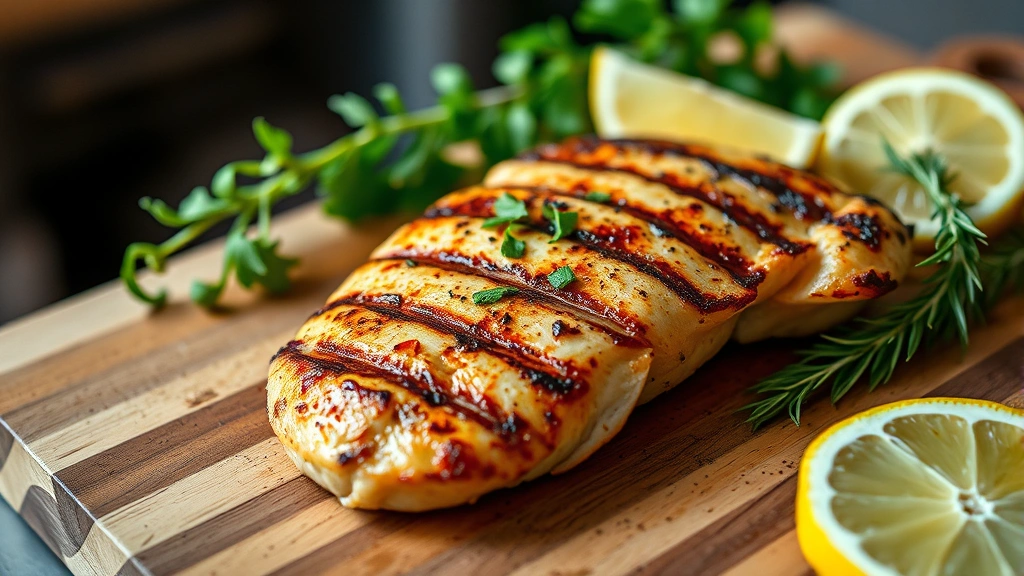 Close-up of grilled chicken breast on a wooden cutting board with fresh herbs and lemon wedges, professional food photography lighting, restaurant kitchen aesthetic, vibrant natural colors