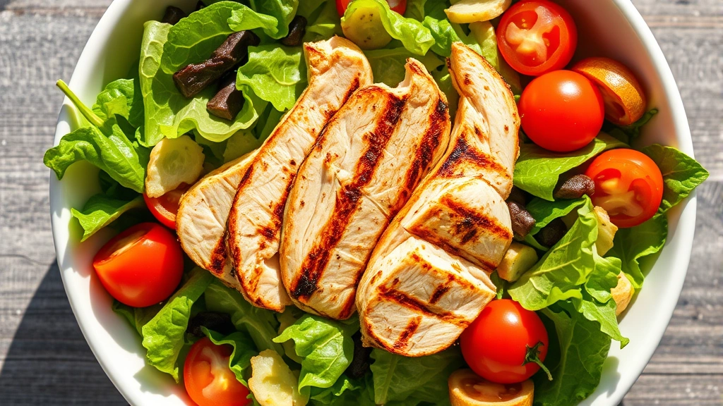 Overhead shot of a colorful mixed green salad with grilled chicken strips, cherry tomatoes, and vegetables in a white bowl, bright natural daylight, appetizing presentation