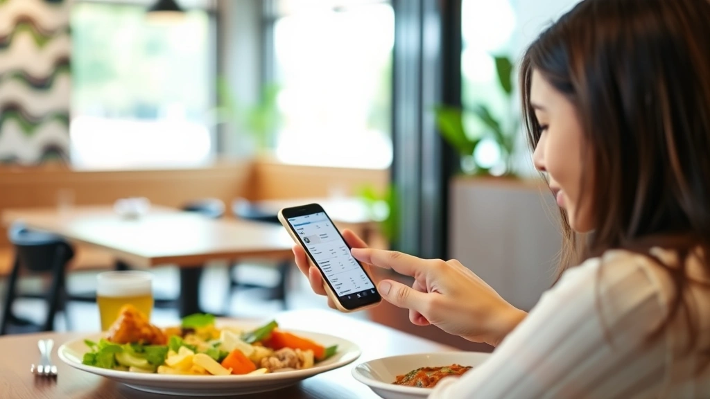 Person reviewing nutrition information on a smartphone while sitting at a restaurant table with a meal in front of them, modern casual dining setting, focused expression, natural lighting