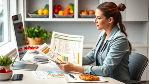 Professional dietitian reviewing colorful nutrition charts and food labels at modern clinic desk with fresh vegetables and grilled chicken visible in background