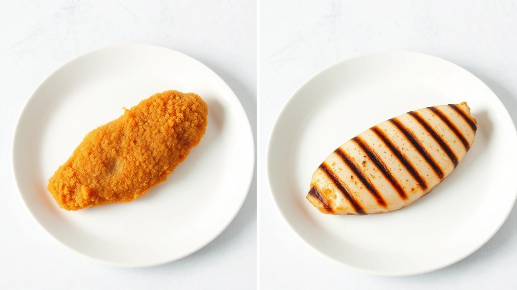 Split-screen comparison of fried versus grilled chicken breast on white plates, showing visual difference in golden breading versus plain cooked surface, clinical lighting