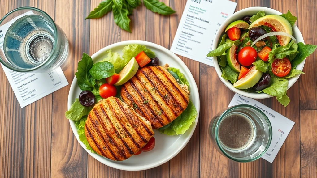 Overhead shot of balanced meal composition with grilled chicken sandwich, fresh salad bowl, and glass of water on wooden table with nutritional information cards