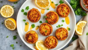 Top-down shot of golden crispy falafel patties arranged on white ceramic plate with fresh lemon wedges, scattered parsley sprigs, and tahini drizzle, natural soft lighting, Mediterranean food styling