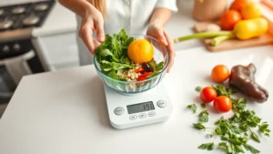 Close-up of hands holding a digital kitchen scale weighing fresh ingredients on a modern white countertop with scattered vegetables and herbs nearby, warm natural lighting