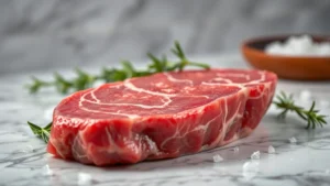 Professional food photographer capturing raw filet mignon steak on marble countertop with fresh rosemary sprigs and sea salt crystals scattered nearby, studio lighting highlighting meat texture and marbling patterns, shallow depth of field