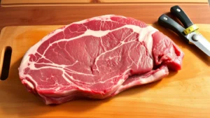 Raw flank steak on butcher's cutting board with measuring tape showing dimensions, natural lighting highlighting marbling patterns and lean muscle structure
