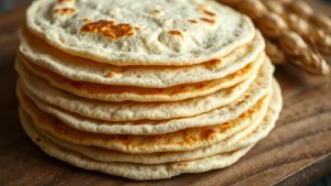 Close-up of stacked flour tortillas with visible texture, warm golden color, fresh from preparation, natural lighting, on a wooden surface with wheat stalks nearby