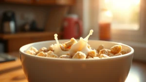 Close-up of cereal bowl with frosted flakes and milk splash, morning sunlight streaming through kitchen window, professional food photography, warm tones, shallow depth of field