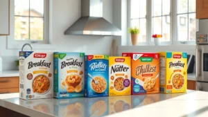 A modern kitchen counter displaying various breakfast cereal boxes arranged in a nutritional spectrum from healthier to less healthy options, morning sunlight streaming through windows, realistic product photography style