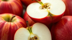 Close-up of fresh Fuji apples showing glossy red skin with subtle striping pattern, whole fruit and cross-section displaying white flesh with small seeds, natural soft lighting highlighting texture and freshness, no text or labels visible, professional food photography style