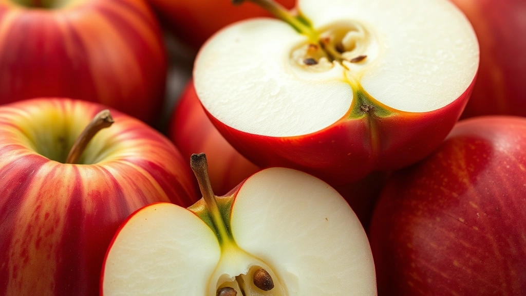 Close-up of fresh Fuji apples showing glossy red skin with subtle striping pattern, whole fruit and cross-section displaying white flesh with small seeds, natural soft lighting highlighting texture and freshness, no text or labels visible, professional food photography style