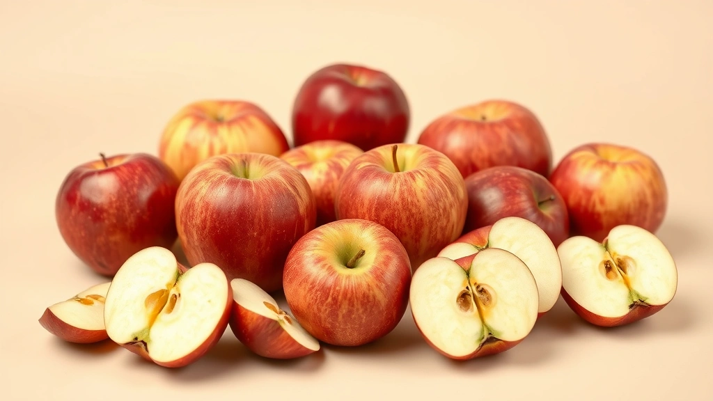 Diverse arrangement of whole Fuji apples in various angles on neutral background with scattered apple slices showing interior cross-sections, emphasizing natural color variation and texture detail, studio lighting with soft shadows, no text elements present