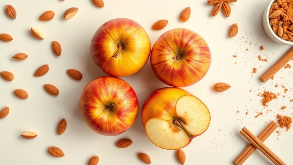 Overhead flat-lay composition of Fuji apples with complementary foods like almonds, Greek yogurt, and cinnamon scattered artfully around them, warm natural lighting from above, fresh and appetizing arrangement suggesting balanced nutrition, completely text-free design