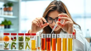 Scientist examining colorful micronutrient supplements and test tubes in modern laboratory setting, representing personalized nutritional analysis and diagnostic testing