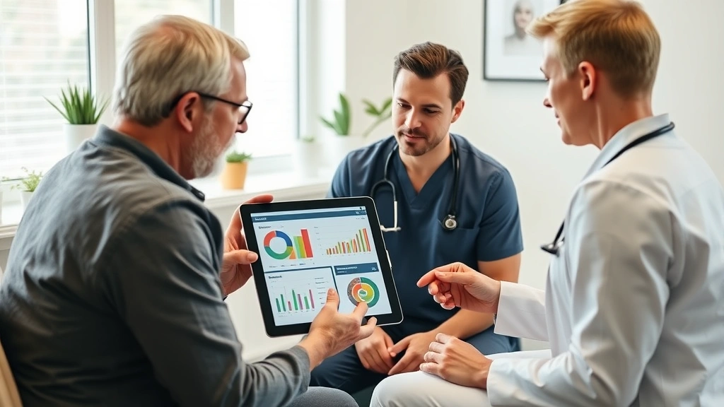 Healthcare practitioner reviewing comprehensive biomarker data on digital tablet while patient discusses health goals in bright clinical office, showing functional nutrition consultation process