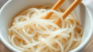 Close-up of translucent glass noodles in a white ceramic bowl with wooden chopsticks, soft natural lighting, shallow depth of field emphasizing noodle texture and clarity