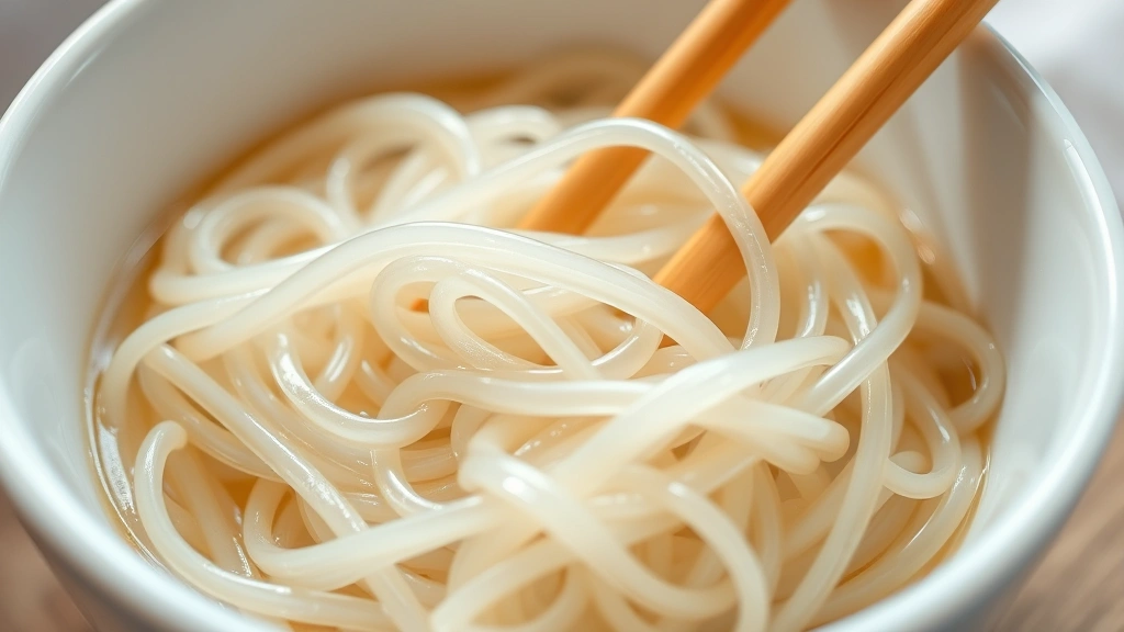 Close-up of translucent glass noodles in a white ceramic bowl with wooden chopsticks, soft natural lighting, shallow depth of field emphasizing noodle texture and clarity