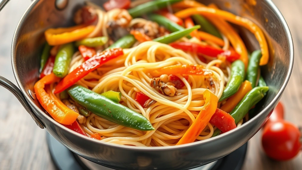 Vibrant stir-fried glass noodles with colorful vegetables including bell peppers, snap peas, and carrots in a stainless steel wok, steam rising, dynamic food photography