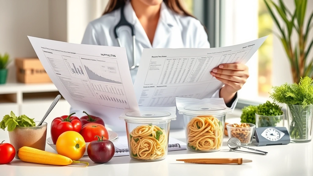 Nutritionist reviewing dietary charts and glass noodle packages on a modern desk with fresh vegetables and measuring tools, professional workspace setting with natural light