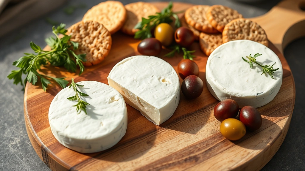 Artisanal goat cheese rounds displayed on a wooden board with fresh herbs, olives, and whole grain crackers in soft natural lighting, emphasizing texture and freshness