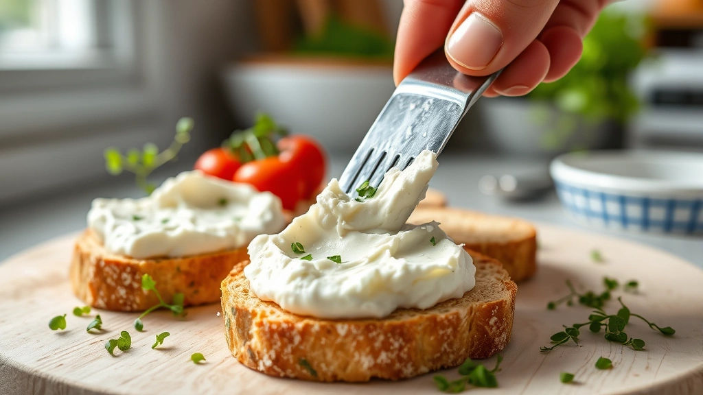 Close-up of creamy fresh chèvre goat cheese being spread on crusty bread with cherry tomatoes and microgreens scattered nearby in a bright kitchen setting