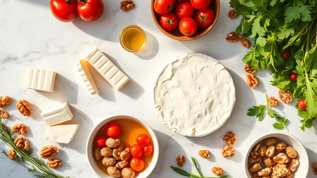 Overhead flat lay of goat cheese served alongside Mediterranean ingredients including feta, olive oil, walnuts, fresh vegetables, and herbs on a marble countertop with warm sunlight