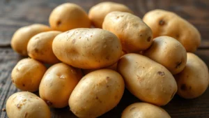 Close-up of golden yukon potatoes with skin intact, arranged on a rustic wooden surface, showing natural texture and color variation, professional food photography style