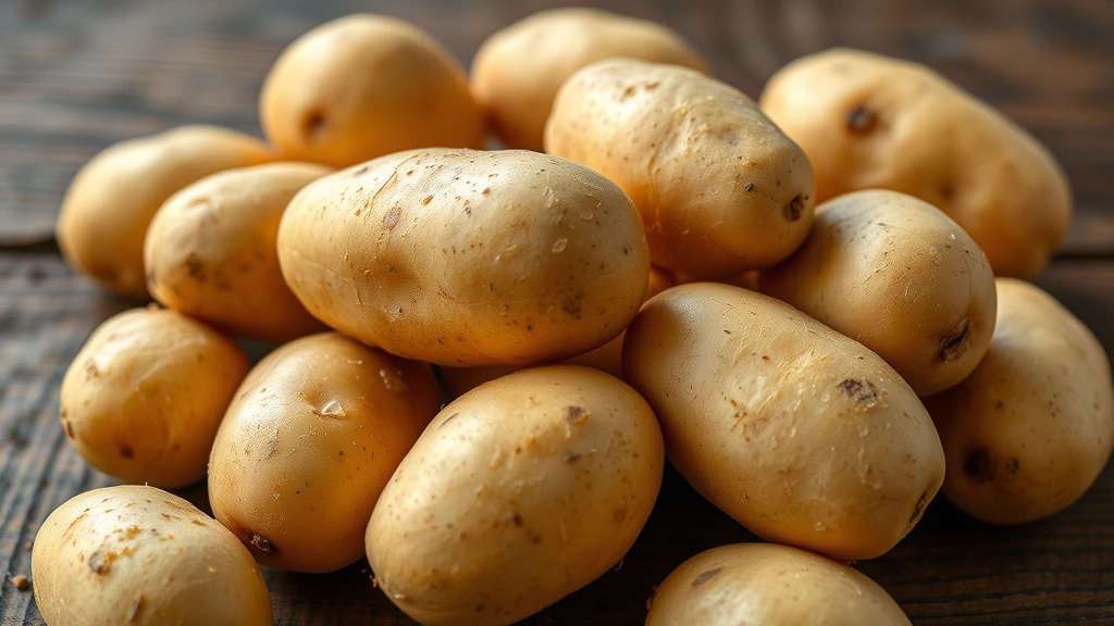 Close-up of golden yukon potatoes with skin intact, arranged on a rustic wooden surface, showing natural texture and color variation, professional food photography style