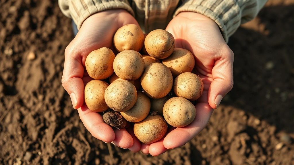 Person's hands holding freshly harvested gold yukon potatoes, showing soil and natural imperfections, warm natural outdoor lighting, photorealistic agricultural setting