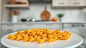 Overhead shot of scattered goldfish crackers on a white plate with a nutrition label visible, professional food photography lighting, shallow depth of field, modern kitchen background