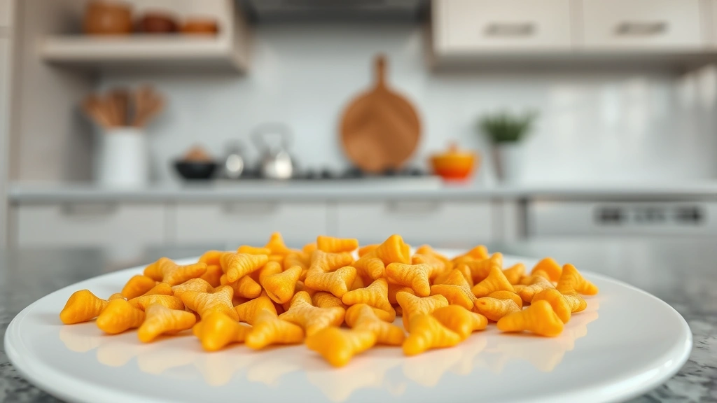 Overhead shot of scattered goldfish crackers on a white plate with a nutrition label visible, professional food photography lighting, shallow depth of field, modern kitchen background