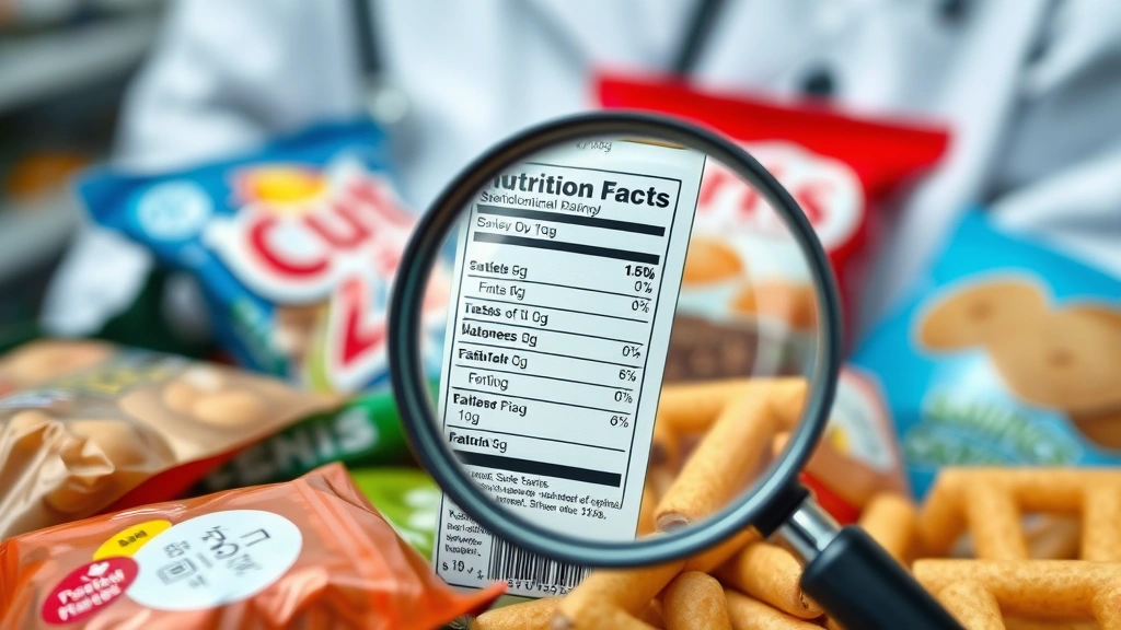 Close-up of a nutrition facts label being examined with a magnifying glass, surrounded by various packaged snacks, clinical healthcare setting aesthetic, soft professional lighting
