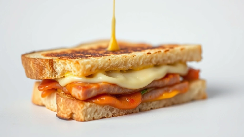 Close-up of artisanal grilled cheese sandwich with melted cheese stretching, golden-brown bread, fresh ingredients visible, professional food photography lighting, minimalist white background, no text