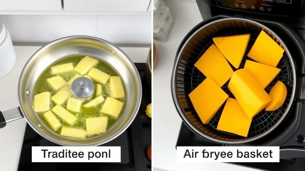 Split-screen comparison showing traditional buttered pan preparation on left versus air fryer basket preparation on right, both with golden cheese visible, clean kitchen environment, natural daylight, no labels