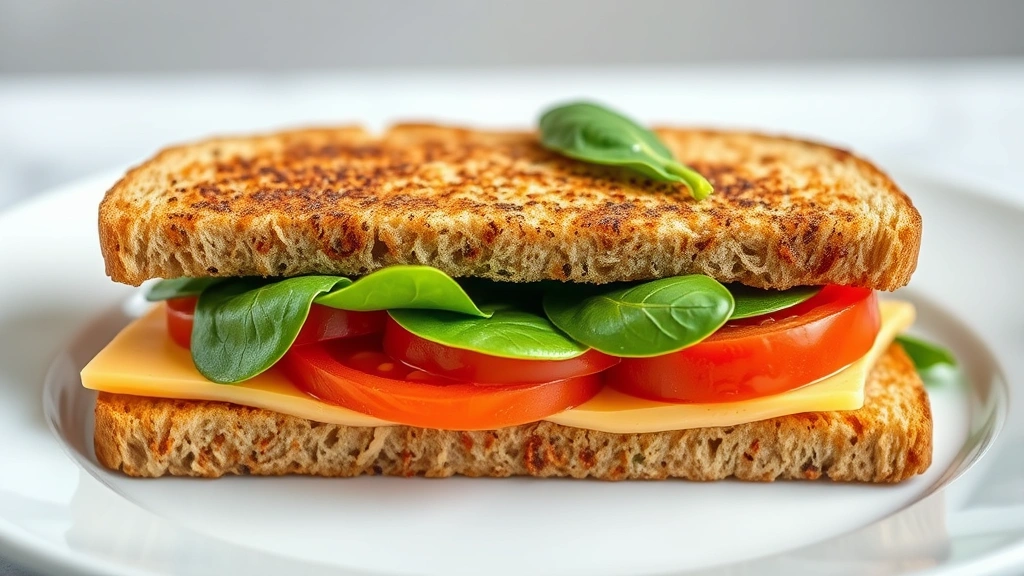 Healthy grilled cheese variant with whole grain bread, sharp cheddar, tomato slices, fresh spinach leaves, professional plating on white dish, soft natural lighting, no recipe cards or text overlay
