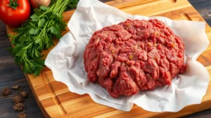 Raw 93/7 ground beef in a white butcher's paper on a wooden cutting board with fresh herbs and vegetables surrounding it, professional food photography lighting