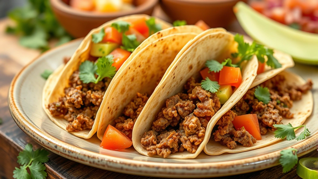 Cooked ground beef tacos on a ceramic plate with fresh toppings like lettuce, tomato, and cilantro, vibrant natural daylight, close-up food styling