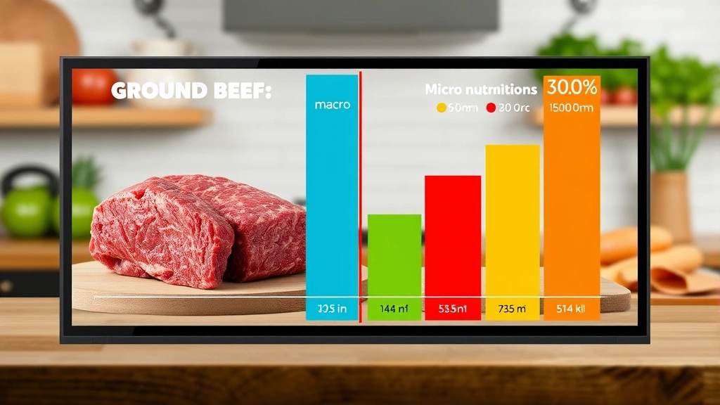 Split-screen nutritional comparison chart showing ground beef types displayed as colorful macro and micronutrient bars with a kitchen background, modern infographic style