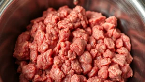 Close-up overhead view of raw ground beef in a stainless steel bowl, showing texture and marbling patterns, professional kitchen lighting, shallow depth of field