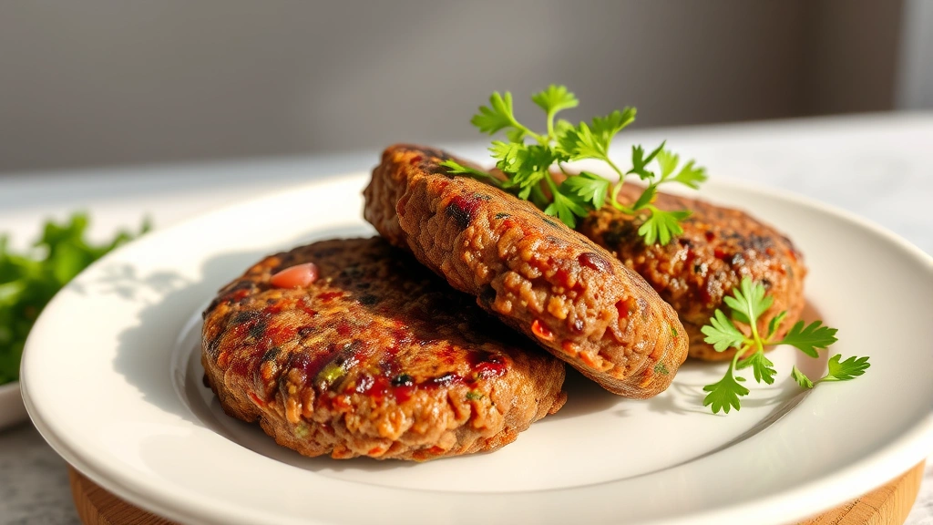 Professional food photography of cooked ground beef patties on white ceramic plate with fresh herb garnish, warm natural lighting from side, soft background blur